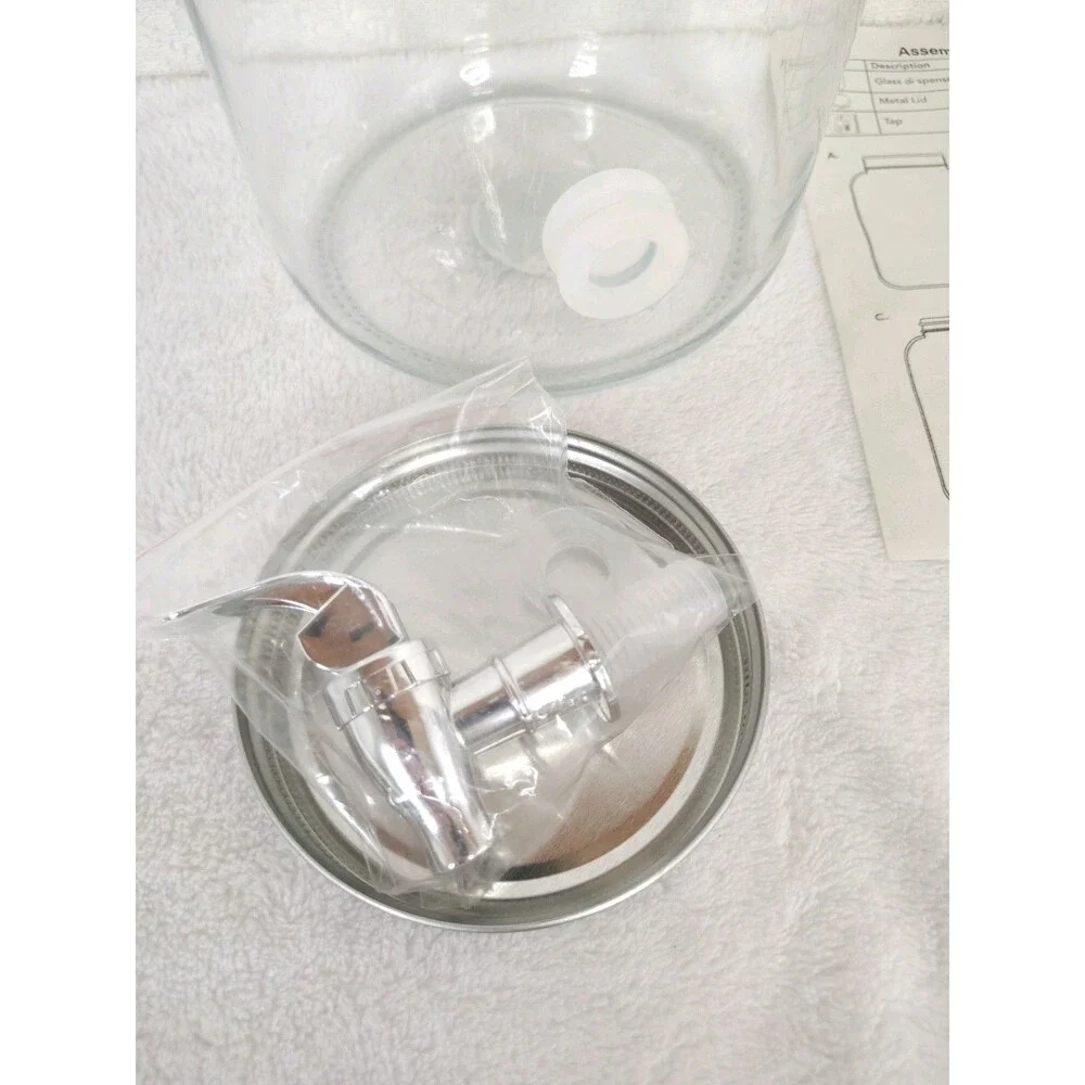 Glass Beverage Dispenser Jar Clear Round  Metal Lid Spigot 1 Gallon